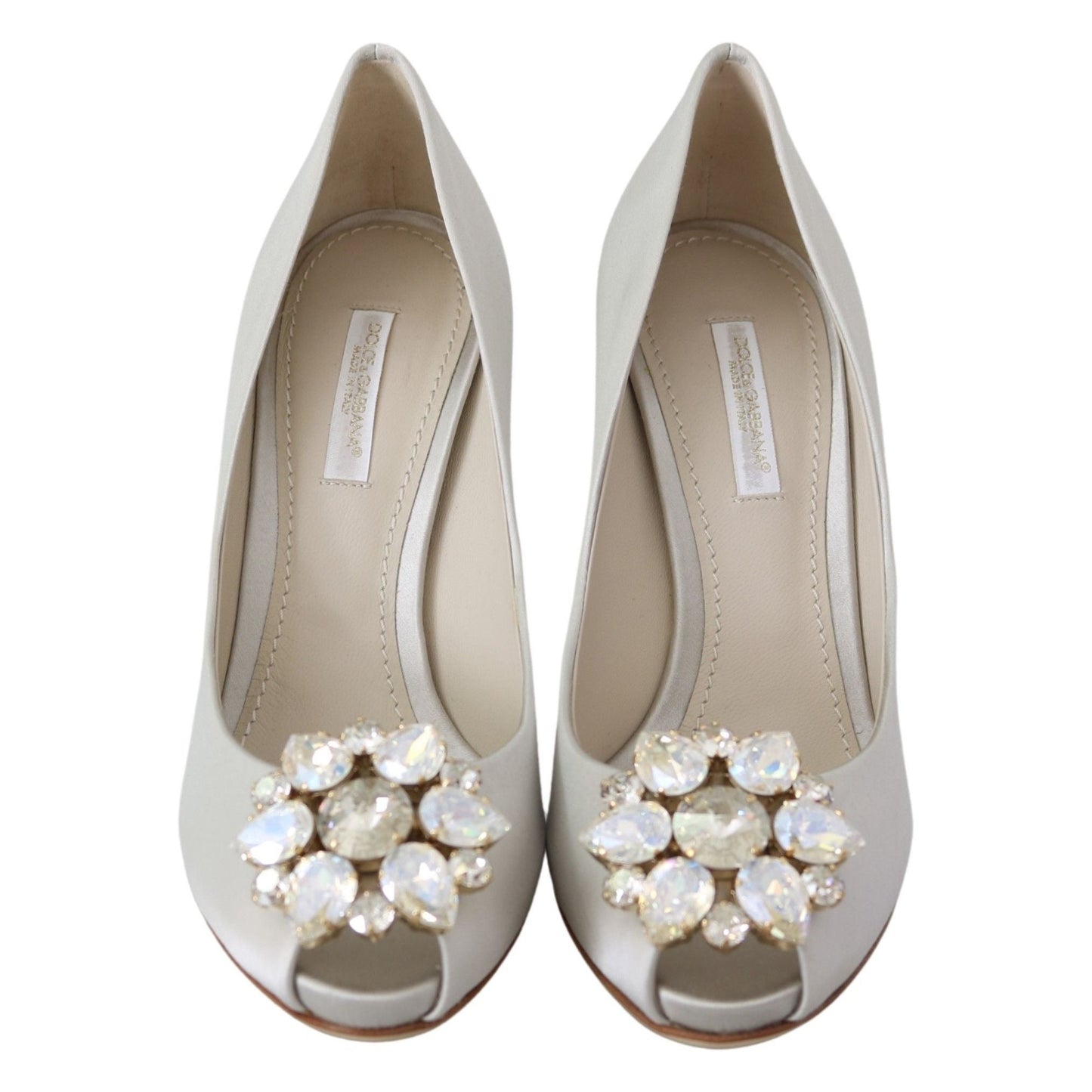 Dolce & Gabbana White Crystal Peep Toe Silk Blend Stilettos