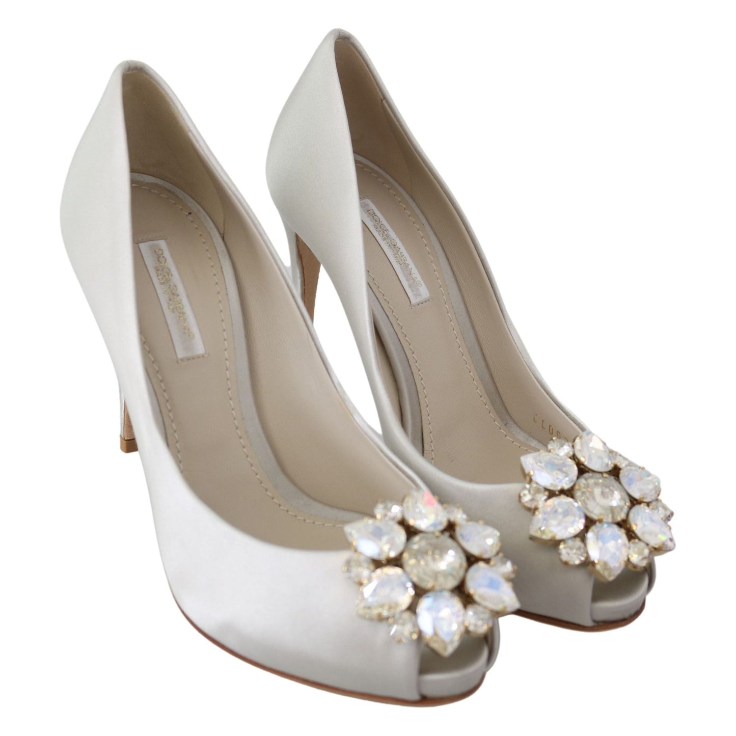 Dolce & Gabbana White Crystal Peep Toe Silk Blend Stilettos