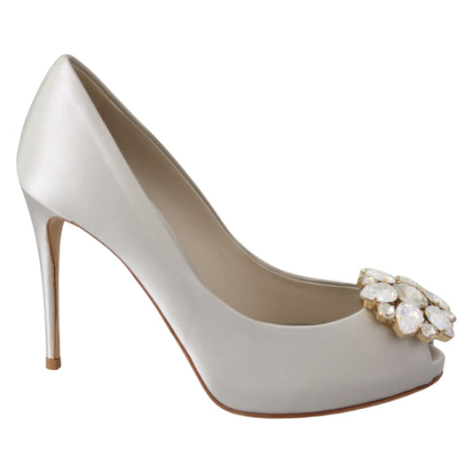 Dolce & Gabbana White Crystal Peep Toe Silk Blend Stilettos
